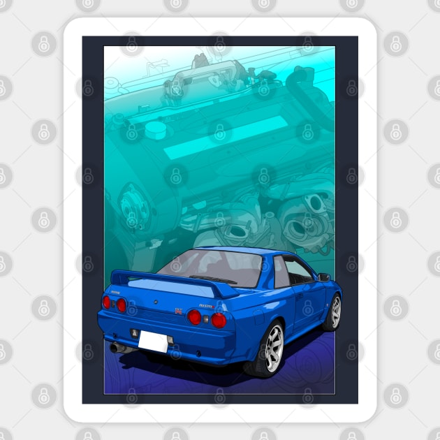 Nissan Skyline GTR R32 (with RB26 background) Sticker by ArtyMotive